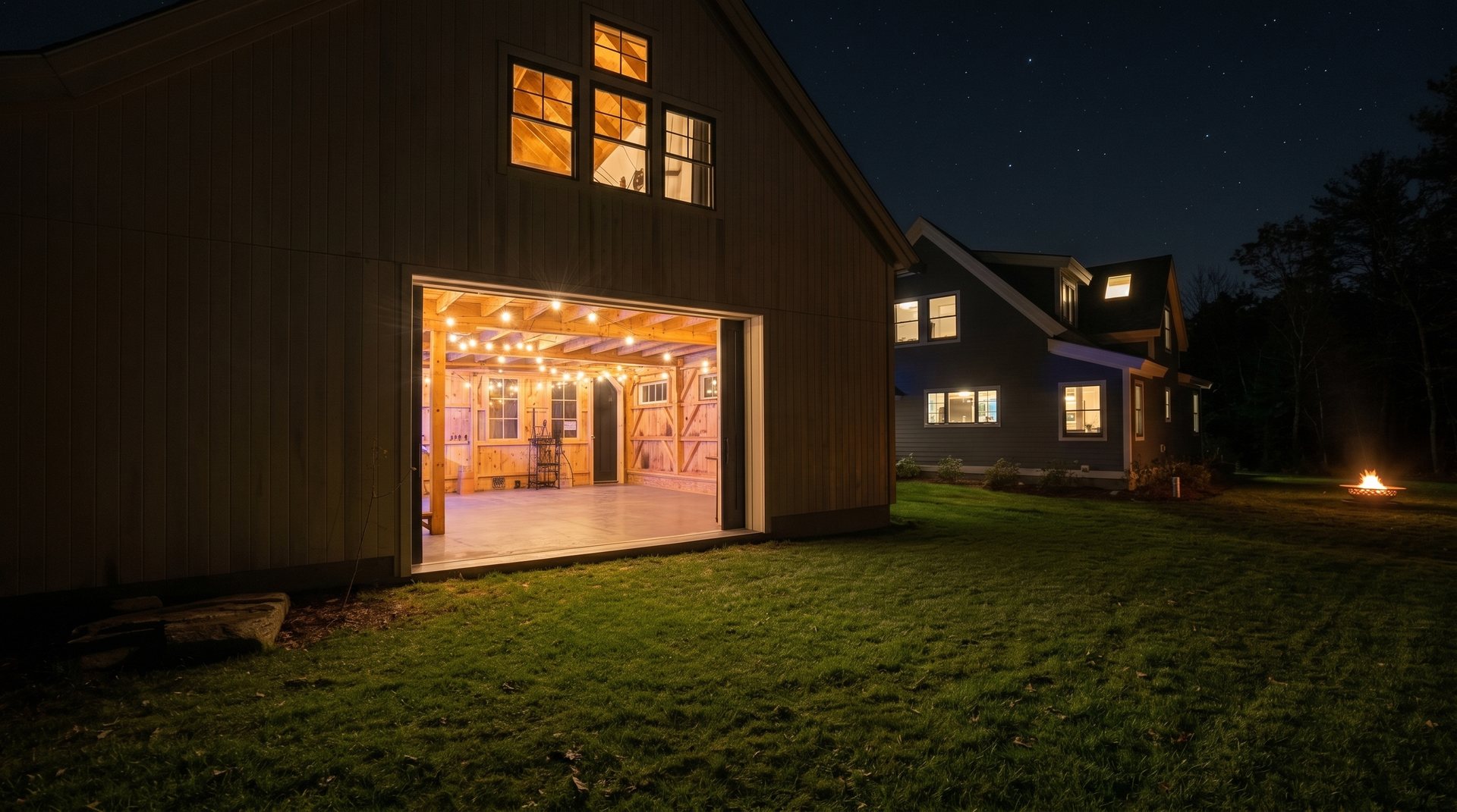 The event barn glowing at night beside the firepit