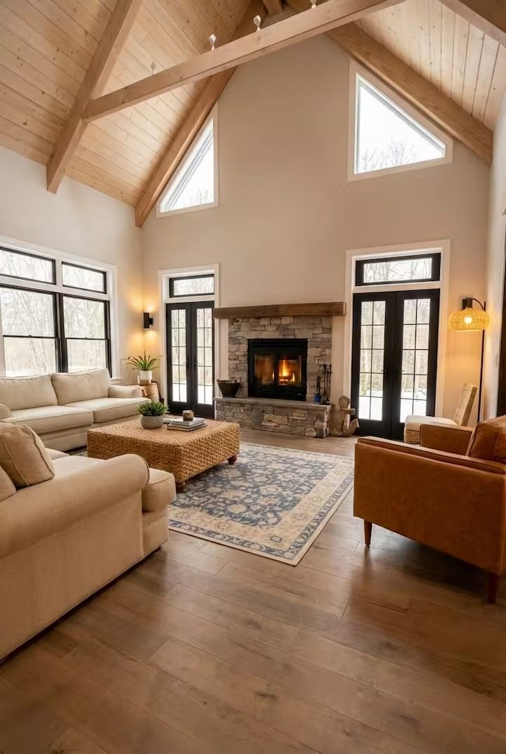 Vaulted post-and-beam living room with fireplace